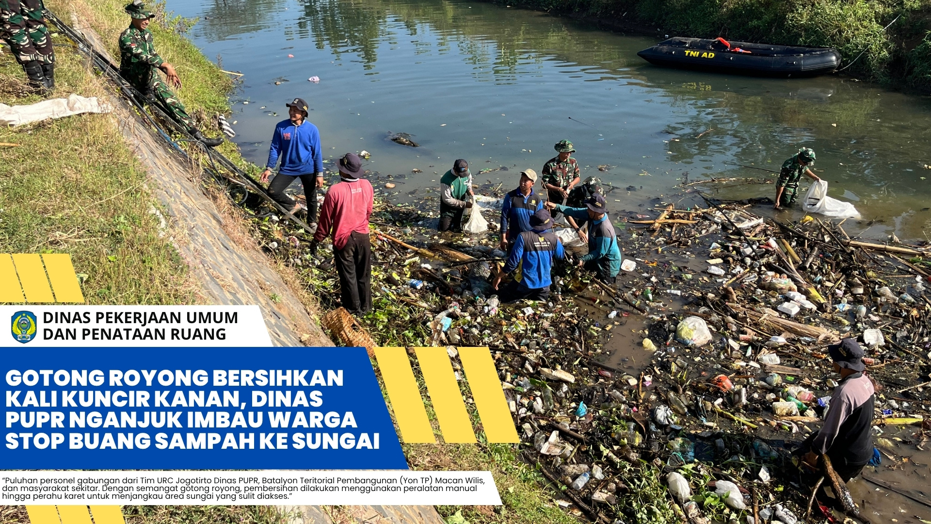 Gotong Royong Bersihkan Kali Kuncir Kanan, Dinas PUPR Nganjuk Imbau Warga Stop Buang Sampah ke Sungai